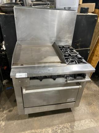Therma-Tek Commercial Stainless Steel Natural Gas Powered Flat Griddle/2 Burner Split Top Range & Oven Combo! With Back Splash! Model: TMDS36-24G-2-1N SN: 11K02659C! On Legs!