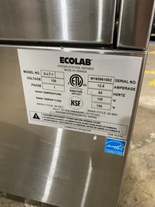 Ecolab Commercial Stainless Steel Undercounter Low Temperature Dishwasher! Energy Star Certified! With Full-Size Peg Rack! Model: U-LT-1 SN: W160961802! 120V 1 Phase! - Image 8 of 9