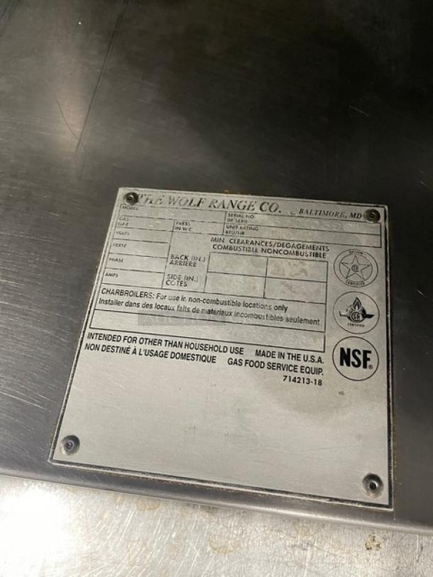 Wolf CMJ-Series Commercial Stainless Steel Natural Gas Powered Overhead Cheese Melter/Salamander Broiler! Model: CMJ24N-1 SN: 650103901! - Image 6 of 8