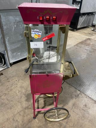 Great Northern! 2020! Late Model! Commercial Carnival Red Electric Powered Free-Standing Popcorn Popping Machine/Cart Combo! With Easy Transport Side Handle! With Enclosed Cabinet Style Storage Compartment! Model: 83-DT5627 SN: 007789SSF! 120V! On Legs & Wheels!