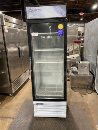 Everest Commercial White Powder Coated Single Glass Swing Door Reach In Merchandiser Refrigerator! With Poly Coated Wire Racks! Model: EMGR20 SN: BMGR2016100053! 115V 1 Phase! On Legs!