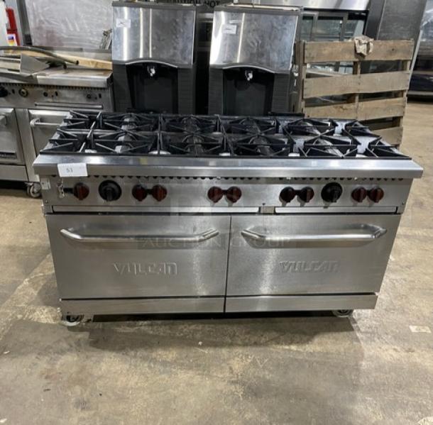 Vulcan Commercial Stainless Steel Natural Gas Powered 10 Burner Range/Double Oven Combo! With Wired Oven Racks! On Casters! - Image 1 of 11