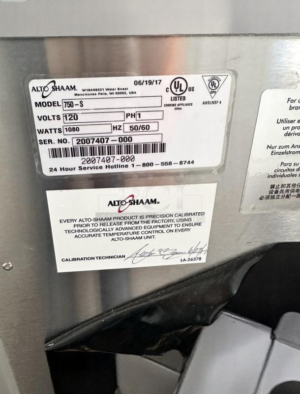 Alto-Shaam model 750-S cooking appliance label, showing 120V, 1080W, Serial No. 2007407-000, UL listed.