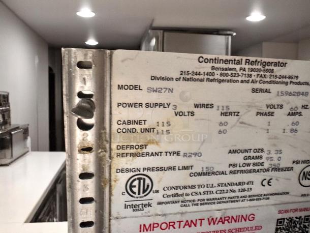 Continental Refrigerator model SW27N tag, detailing power supply, defrost type R290, and commercial use specs. Serial 15962848.