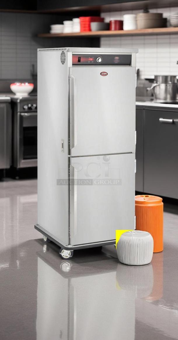 Commercial food warming cabinet on wheels, stainless steel, digital display at 170°F, durable condition, logo on the door.