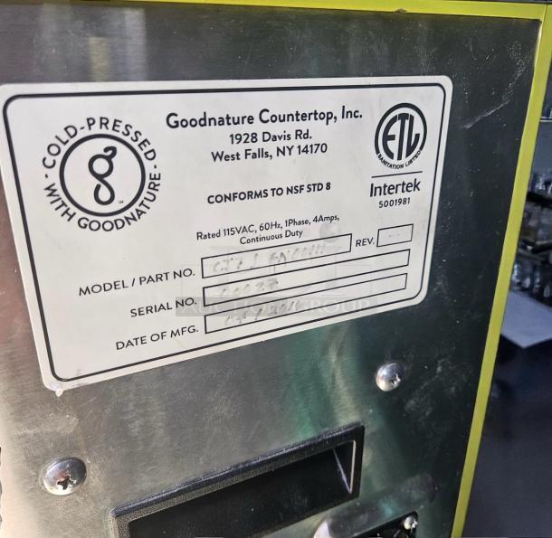 Goodnature countertop machine, model CT-7, serial 000273, manufactured April 2014, ETL certified.
