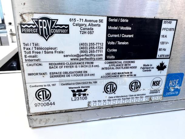 Label on Perfect Fry Company model PFC1875 fryer, serial 35149, 120V, 16A, made in Canada. NSF certified, 1.875kW.