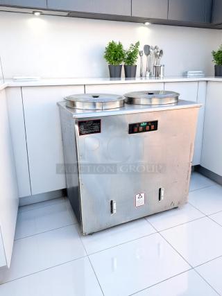 Commercial double pot warmer, stainless steel, digital controls, minor surface scratches, safety warning label visible.