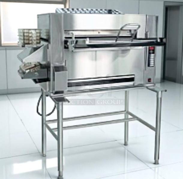 Commercial stainless steel pizza oven with digital controls, conveyor belt, and stacking trays in pristine condition.