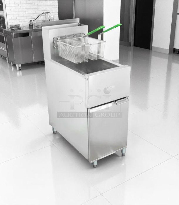 Stainless steel commercial deep fryer with dual baskets, green handles, and "Dean" label, in excellent condition.