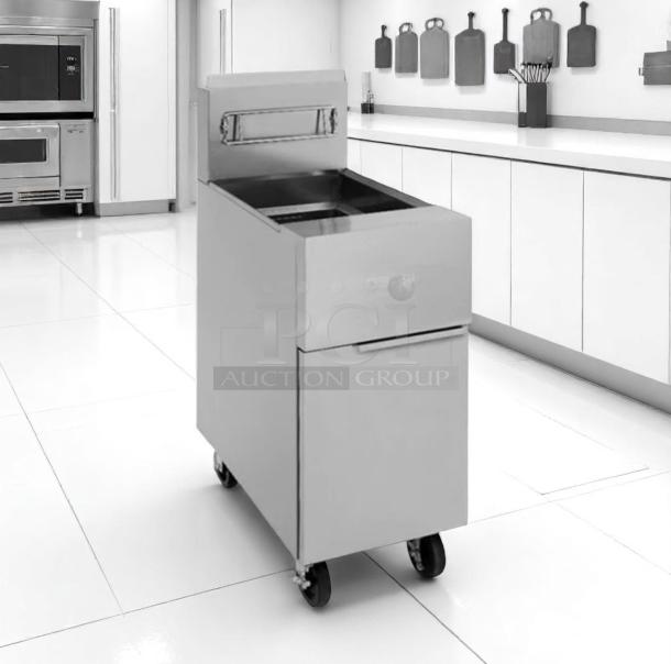 Stainless steel commercial fryer, brand Dean, on casters, in pristine kitchen setting. Mint condition, ideal for restaurant use.