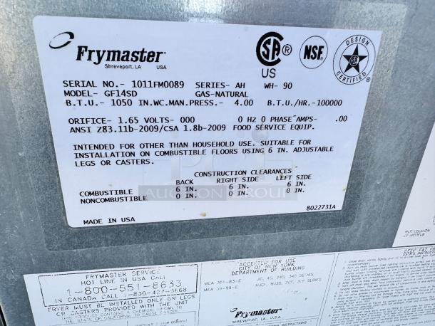 Frymaster gas fryer label, Model GF14SD, serial no. 1011FM0089, 1050 B.T.U., made in USA, suitable for commercial use.