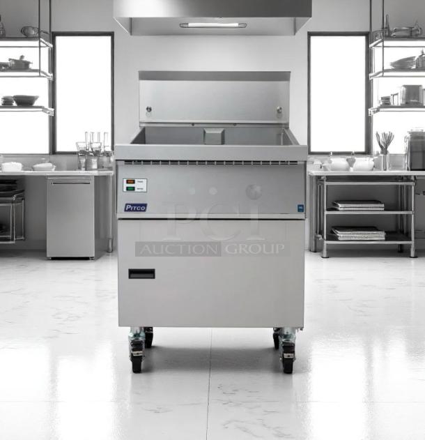 Pitco commercial fryer, stainless steel, on casters, pristine condition, control panel with Pitco logo, ideal for kitchens.