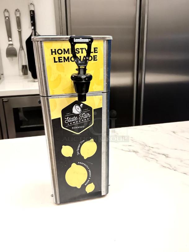 Homestyle lemonade metal dispenser with Tomlinson tap, labeled "State Fair Lemonade" and "Perfectly Sweet" by Ronnoco.
