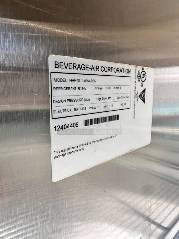 Beverage-Air Corporation refrigerator label with model HBR49-1-AVA-006, R134a refrigerant, electrical ratings, and UL certification.