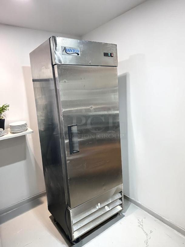 Avantco commercial refrigerator, stainless steel, digital controls, single door, minor surface wear, ideal for professional kitchens.