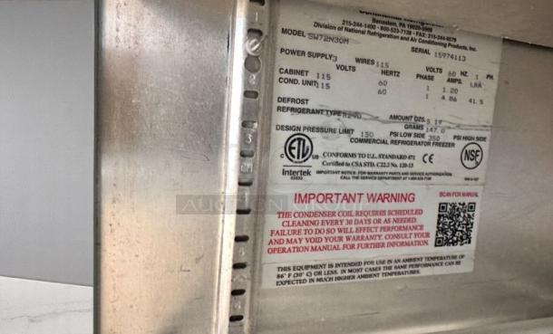 Refrigerator label showing model SW72N30M with specs, safety markings, and maintenance warning. QR code included.