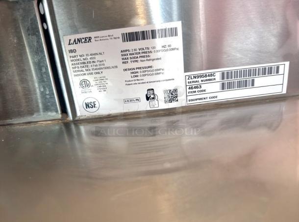 Lancer beverage dispenser label, model 4800, serial ZLN995848C, indoor use. Markings: voltage, pressure specs, NSF certified.