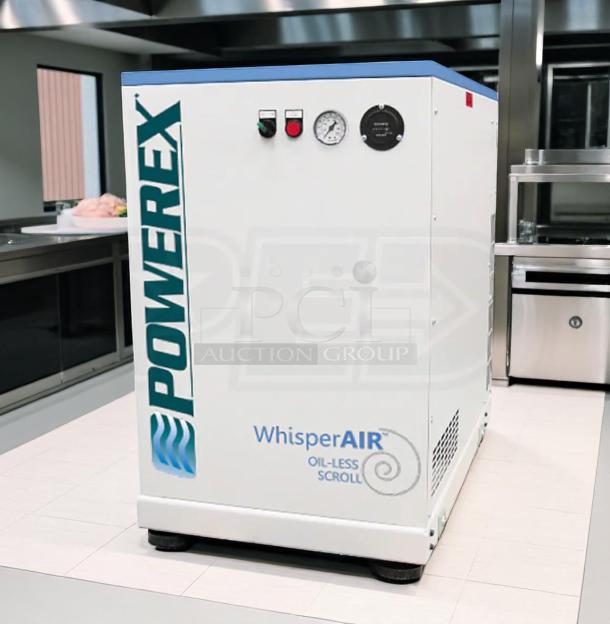 Powerex WhisperAIR oil-less scroll air compressor, features pressure gauge and controls, excellent condition, industrial use.