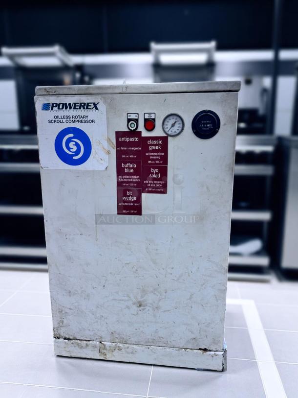 Powerex oil-less rotary scroll compressor, used condition, features gauge and labels for settings, worn exterior.