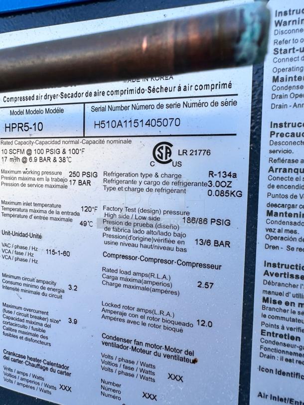 Label for compressed air dryer, model HPR5-10, serial H510A1151405070, uses R-134a refrigerant, capacity 10 SCFM.