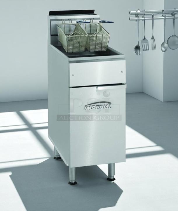 Commercial deep fryer by Imperial, featuring dual baskets and stainless steel finish. Excellent condition, ideal for professional kitchens.