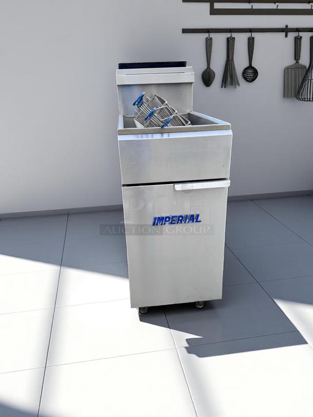 Industrial stainless steel fryer with "Imperial" branding, includes fry baskets, on casters. Appears in clean condition.