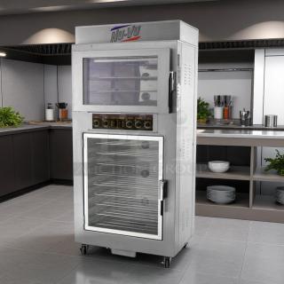 Nu-Vu commercial oven, stainless steel, dual doors, top oven, bottom proofer, control panel, caster wheels, excellent condition.
