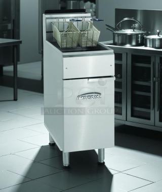 Imperial commercial deep fryer with dual baskets, stainless steel, excellent condition, brand logo on front panel.