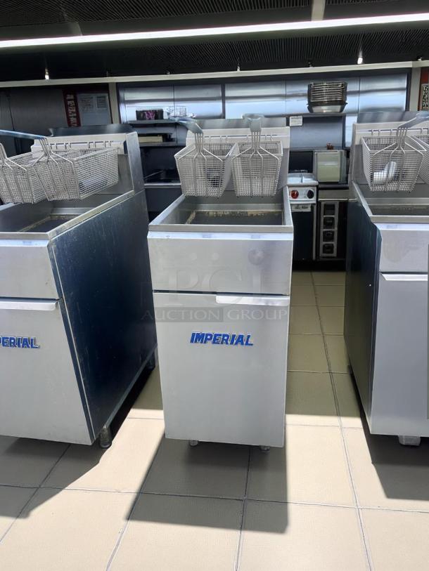 Imperial commercial deep fryer with dual baskets, stainless steel, excellent condition, suitable for high-volume kitchens.