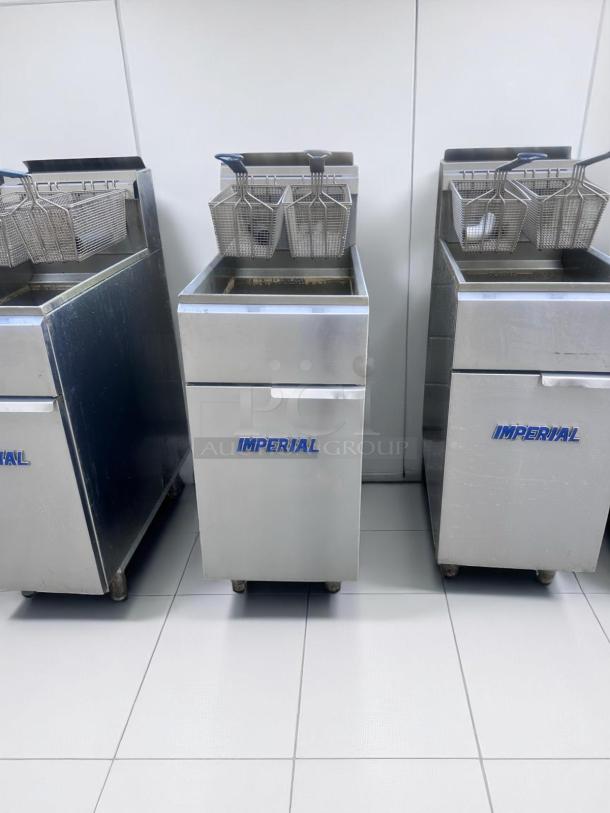 Imperial commercial deep fryer, stainless steel, dual basket, clean, minimal wear, logo on front, ideal for restaurants.