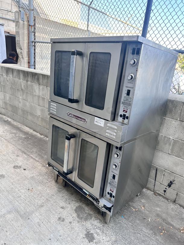 Stainless steel Southbend K12 commercial double convection oven with glass doors, control knobs, and visible brand label.
