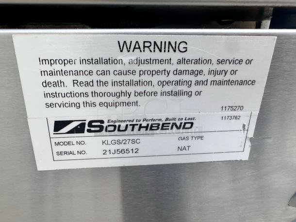 Southbend equipment label, model KLGS/27SC, serial 21J56512, warns about installation, gas type NAT, in good condition.