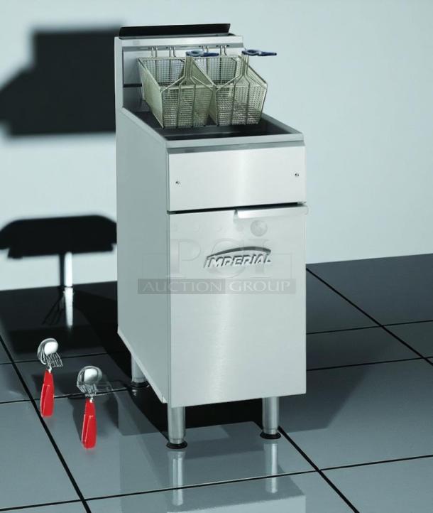 Stainless steel Imperial deep fryer with dual baskets, excellent condition, branded front panel, ideal for commercial use.