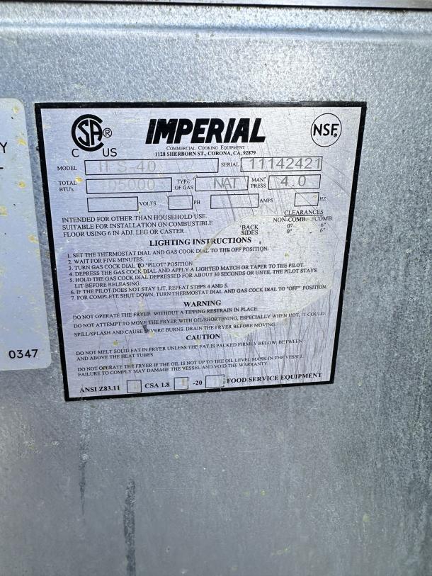 Imperial commercial cooking equipment label, model IIS-40, natural gas, 150,000 BTUs, serial 142421, CSA and NSF certified.