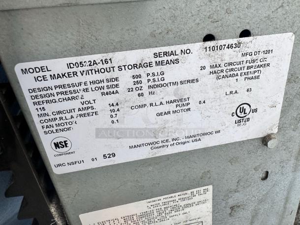Model ID0522A-161 ice maker label. Details design pressure, refrigerant, and electrical specs. NSF and UL listed. Manitowoc, USA.