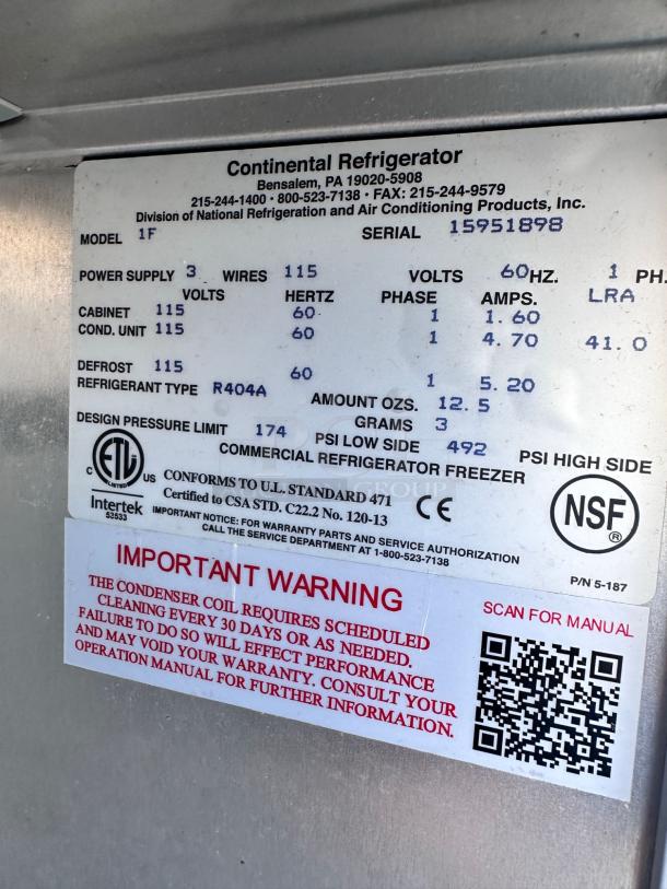 Continental Refrigerator label displaying model 1F, uses R404A refrigerant. Includes maintenance warning and QR code for manual.