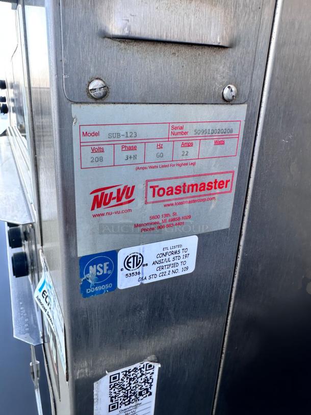 Nu-Vu Toastmaster SUB-123 commercial oven, Model 509910020208, 208 volts, 3+N phase, NSF and ETL certified.