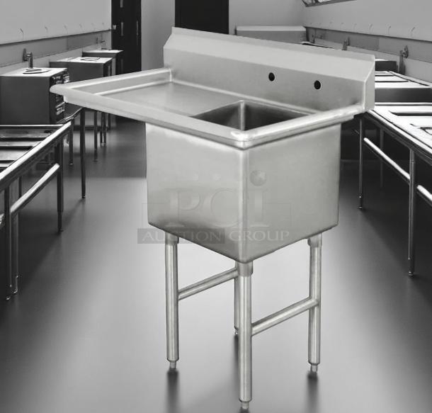 Stainless steel utility sink, single basin, backsplash, commercial kitchen, excellent condition, sturdy legs, no faucets.
