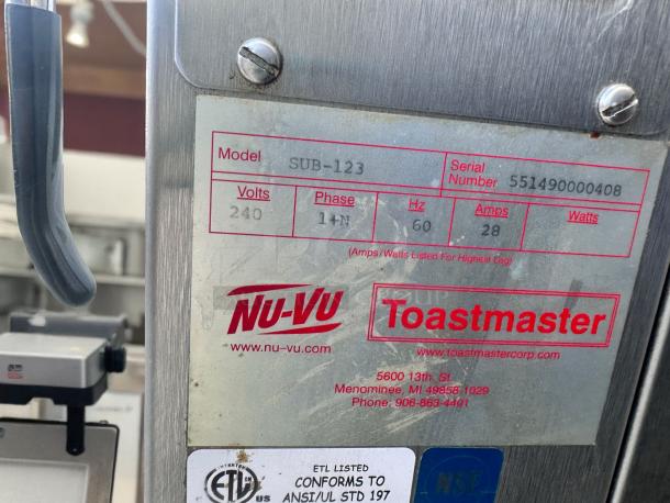 Nu-Vu Toastmaster Oven, Model SUB-123, Serial 551490000408, 240V, 1PH, 60Hz, 28A. Labels indicate specs and manufacturer.