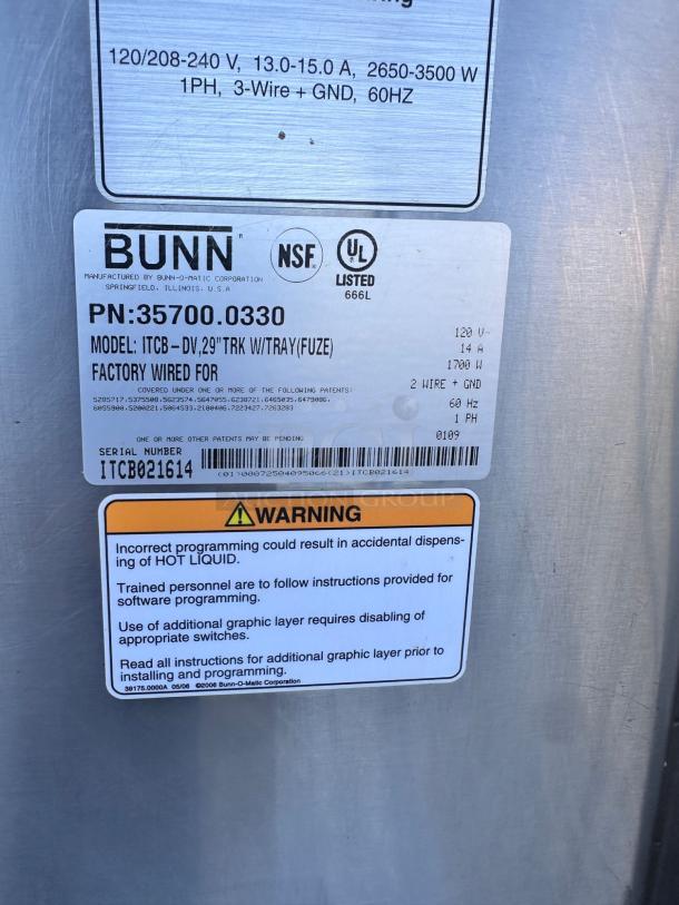 BUNN coffee maker label, model ITCB-DV, 35700.0330, UL and NSF certified, factory wired, warning for hot liquid dispensing.