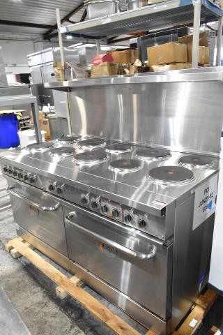 BRAND NEW SCRATCH AND DENT! 2024 Cooking Performance Group CPG ER60-240-1 Stainless Steel Commercial 60" 10-Burner Electric Range with 2 Standard Ovens, Over Shelf and Back Splash.  240 Volts, 1 Phase.