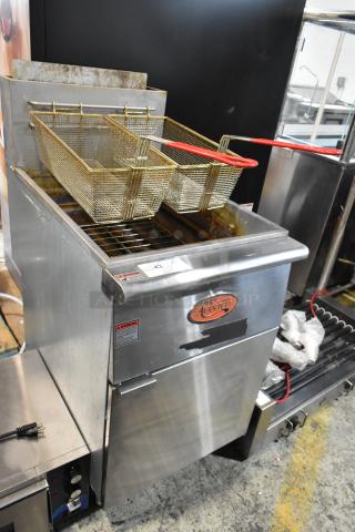 2023 Avantco 177FF100N Stainless Steel Commercial Floor Style Natural Gas Powered Deep Fat Fryer w/ 2 Metal Fry Baskets. 150,000 BTU.