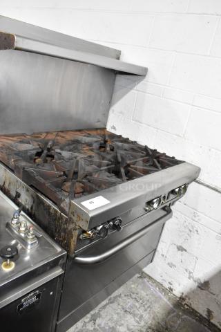 Southbend 436SD Stainless Steel Commercial Natural Ga Powered 6 Burner Range w/ Oven, Over Shelf and Back Splash.
