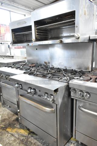 Southbend P32D-BBB Stainless Steel Commercial Natural Gas Powered 6 Burner Range w/ Oven, Salamander Cheese Melter and Back Splash.
