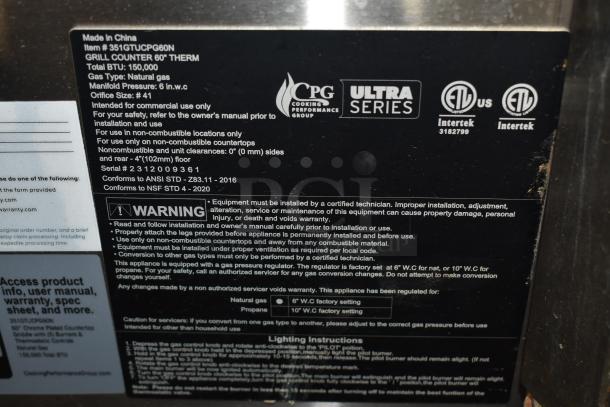 BRAND NEW SCRATCH AND DENT! 2023 Cooking Performance Group CPG 351GTUCPG60N Stainless Steel Commercial Countertop Natural Gas Powered Flat Top Griddle. 150,000 BTU. - Image 9 of 12