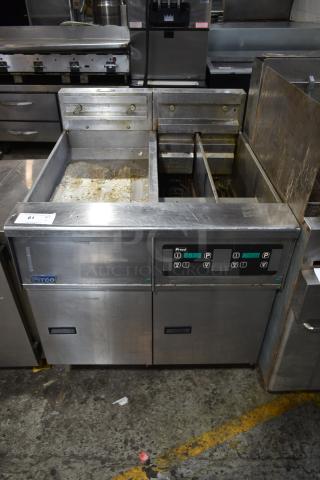 Pitco Frialator SE14T Stainless Steel Commercial Electric Powered Single Bay Fryer w/ Dumping Bay on Commercial Casters. 208 Volts, 3 Phase.