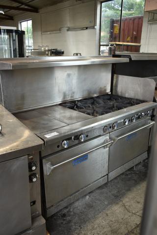 Imperial Stainless Steel Commercial Natural Gas Powered Flat Top Griddle w/ 6 Burner Right Side Range, CONVECTION Oven, Standard Oven, Over Shelf and Back Splash.