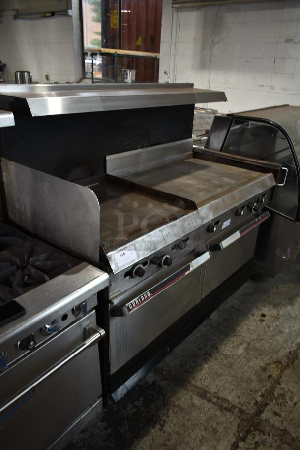 Vulcan Stainless Steel Commercial Gas Powered Flat Top Griddle w/ Right Side Flat Top Range, 2 Standard Oven, Over Shelf and Back Splash. - Image 1 of 11