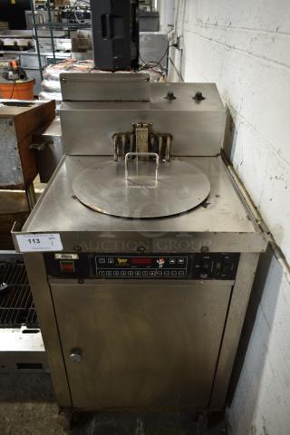 Giles CF-500 Stainless Steel Commercial Floor Style Electric Powered Deep Fat Fryer w/ Metal Fry Basket on Commercial Casters. 208 Volts, 3 Phase.